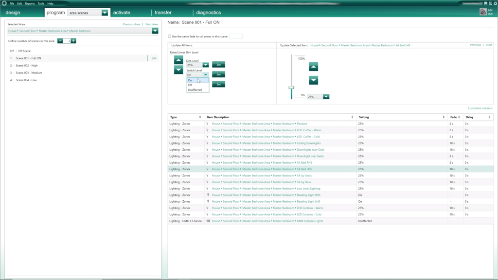 Edit switch lighting level area scene in Lutron HomeWorks QS