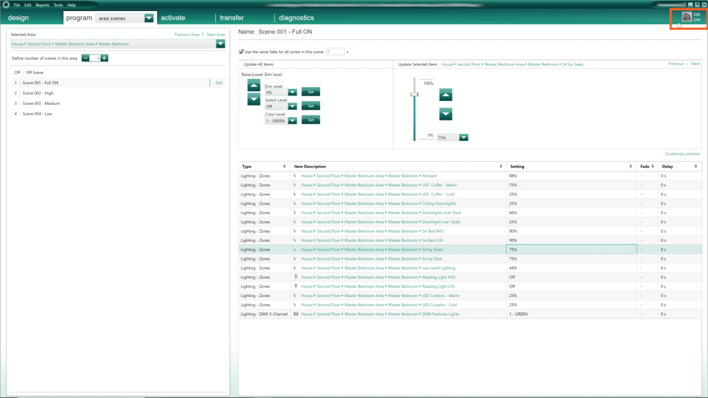 Edit Live Area Scene Lutron HomeWorks QS