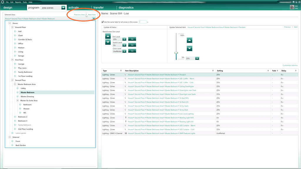 Select Area Scene in Lutron HomeWorks QS