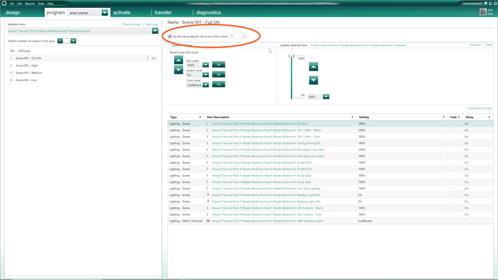 Change Fade time in area scene in Lutron HomeWorks QS